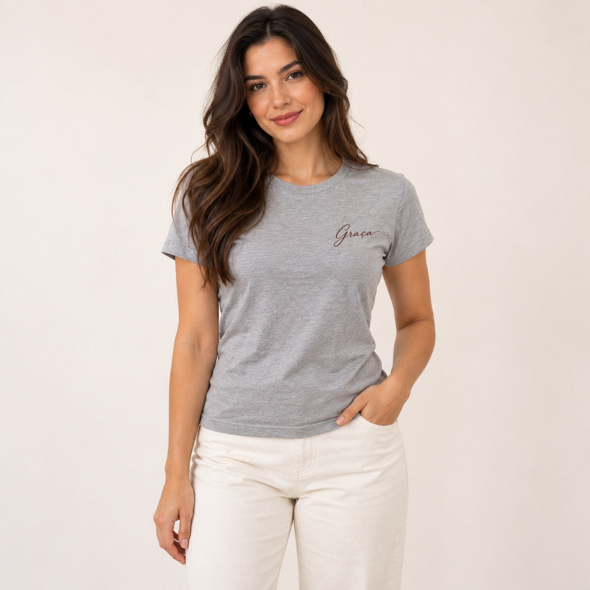 Baby Look Básica Graça – Cinza Mescla – vestida