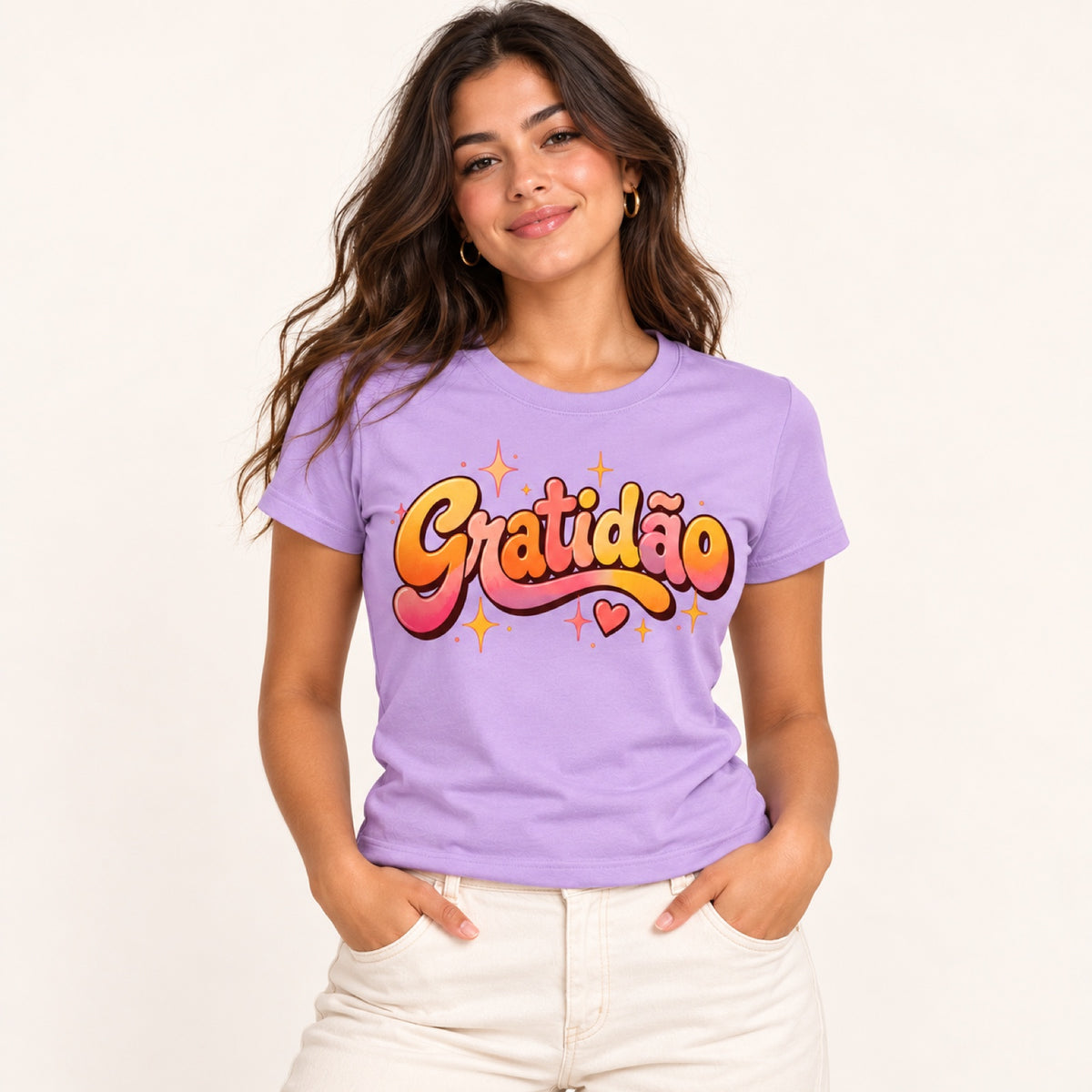 Baby Look Gratidão Retrô – Lilás – vestida