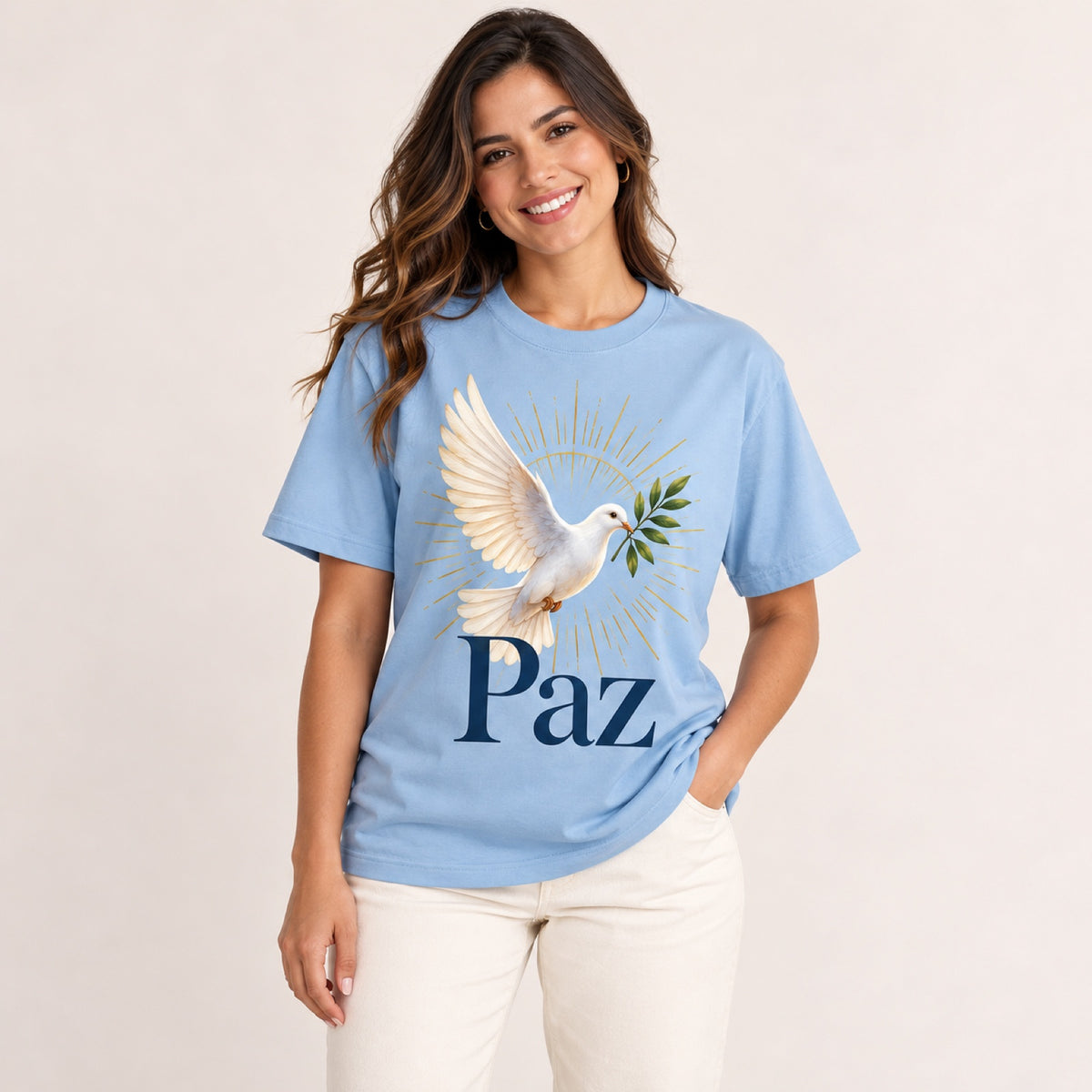 Camiseta Pomba da Paz – Azul Claro – vestida