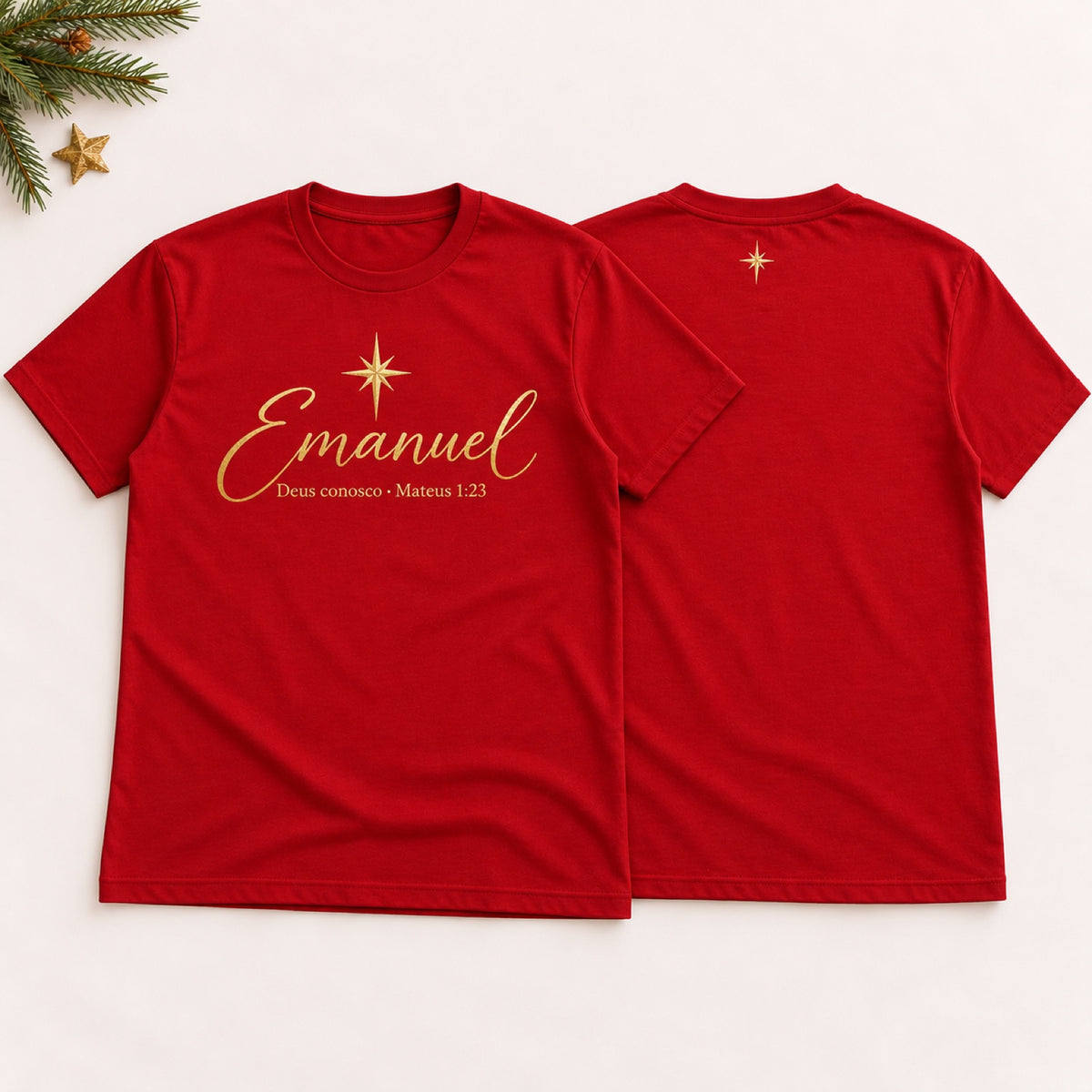 Camiseta Emanuel – Deus Conosco – Vermelha – frente e costas
